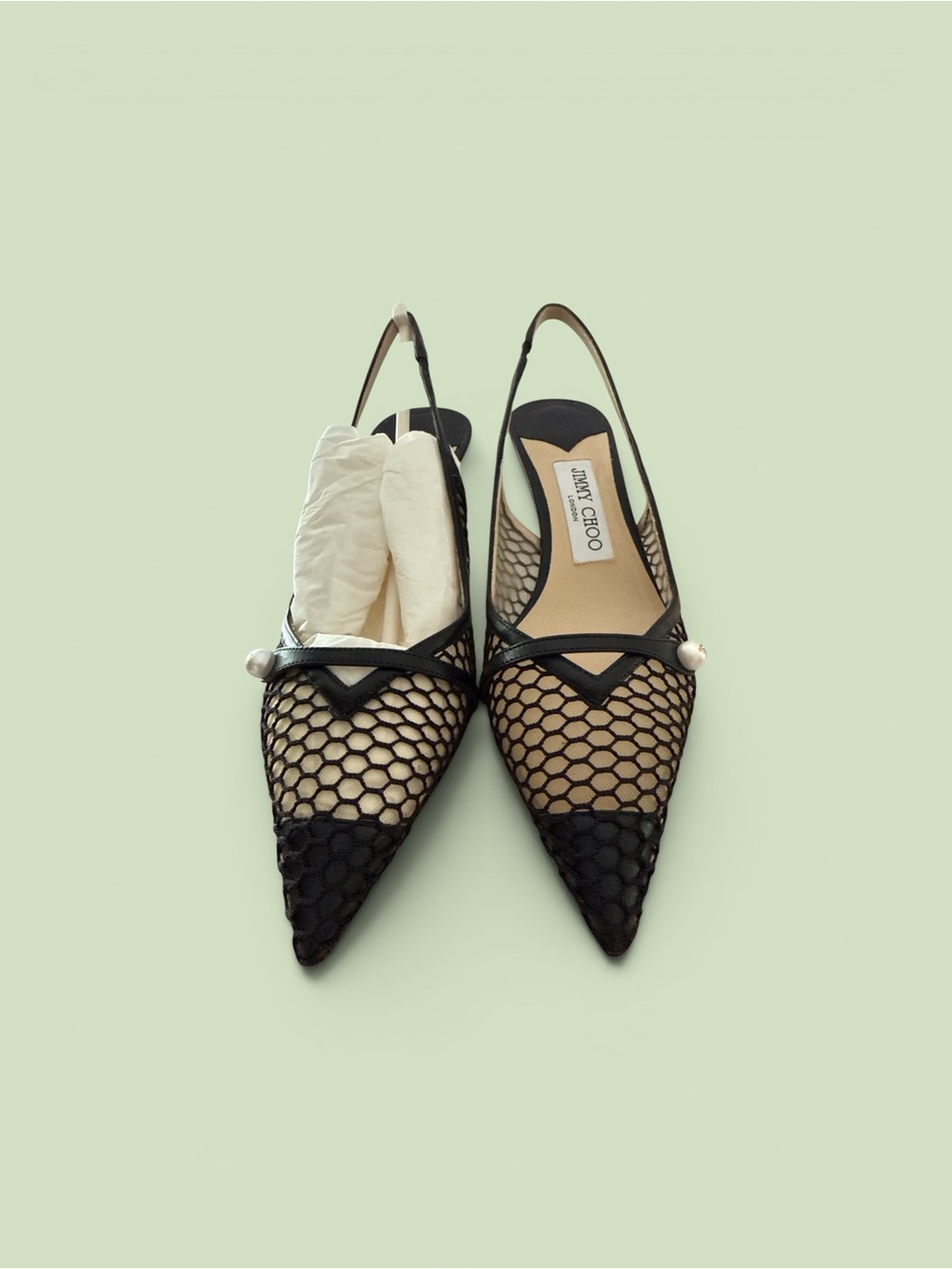 Jimmy Choo Black Mesh Pointed Pearl-Accent Slingback Flats
